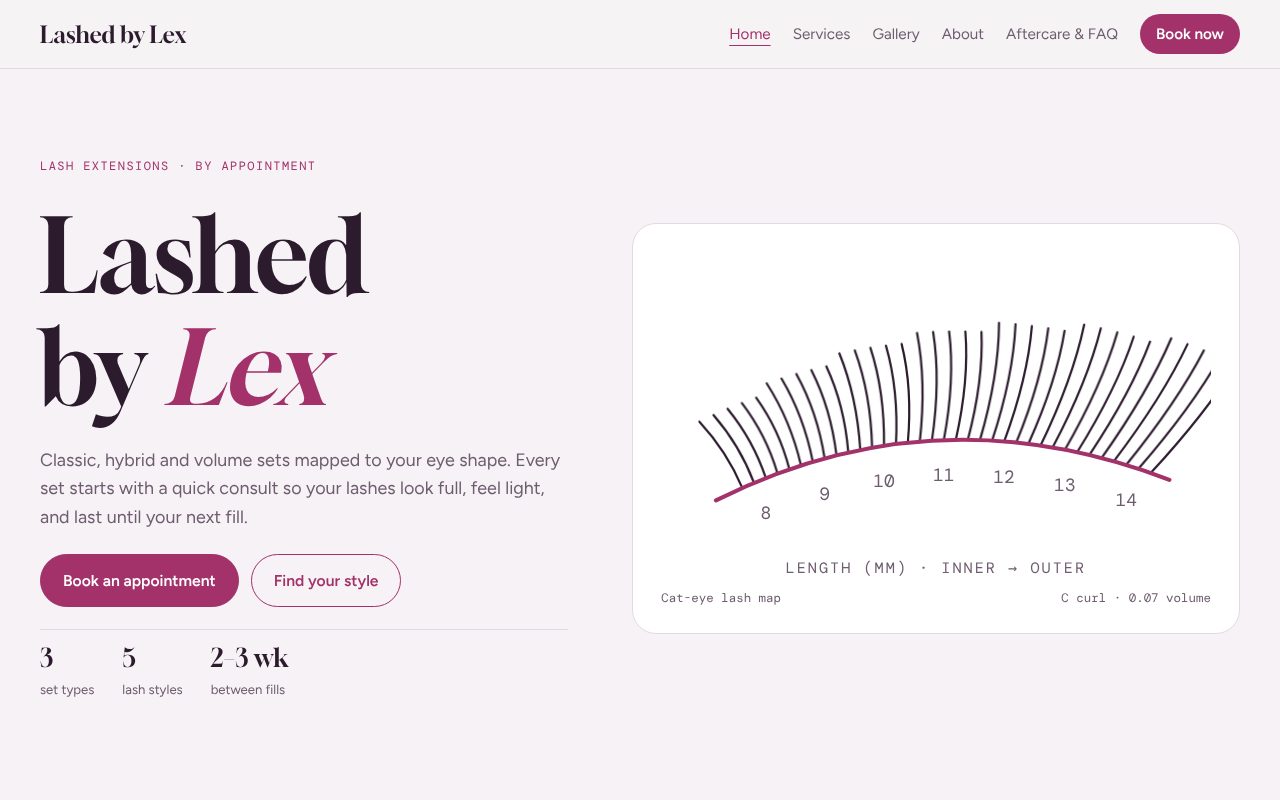Lashed by Lex homepage with a lash map illustration