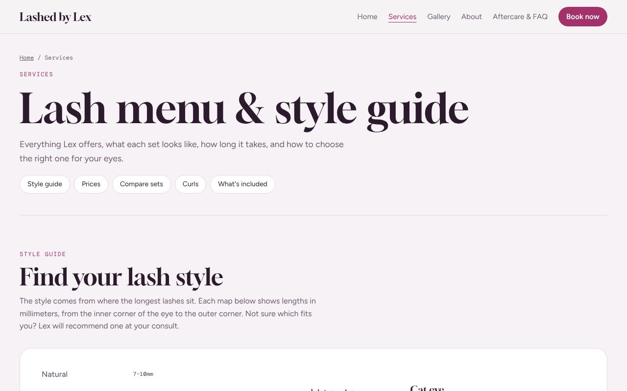 Lashed by Lex services page with an interactive lash style guide