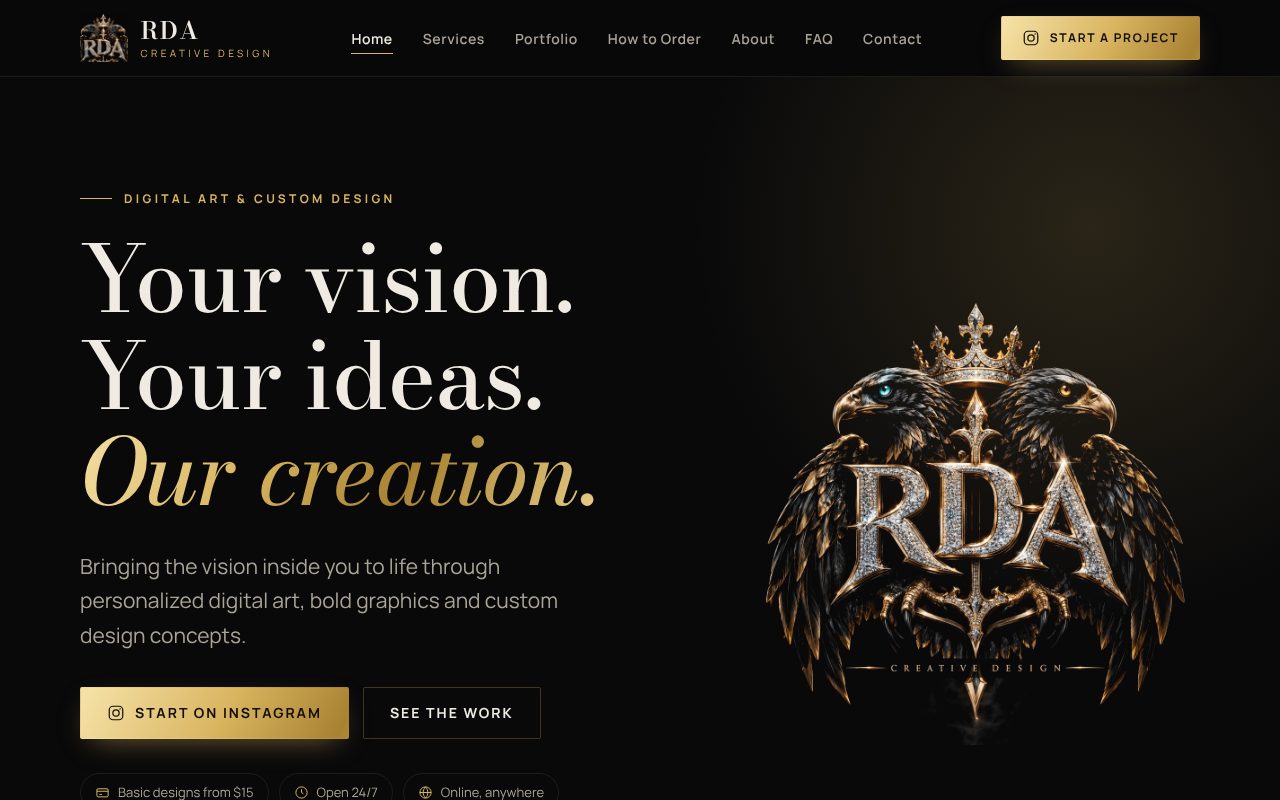 RDA Creative Design homepage with a black and gold design and the RDA crown logo