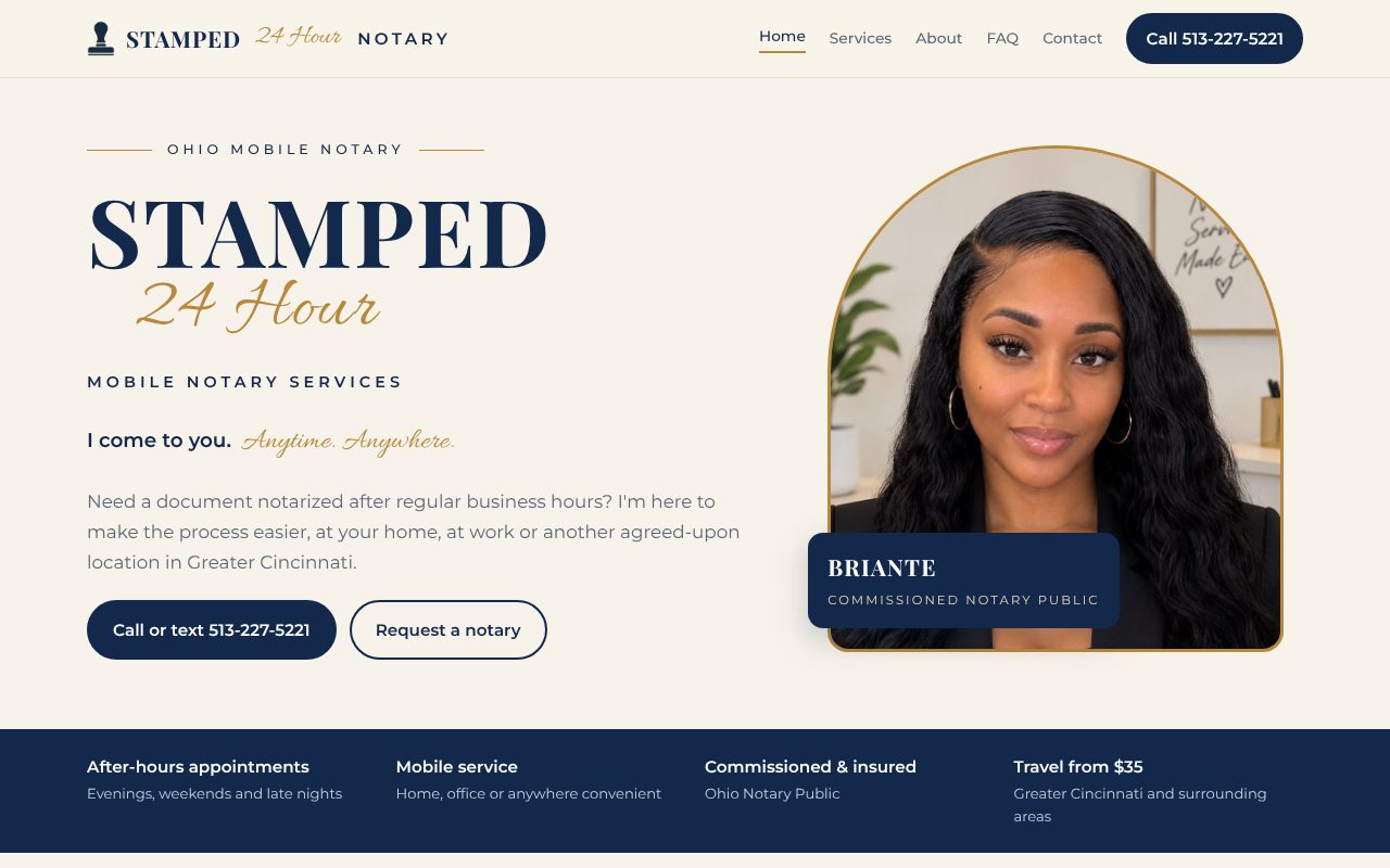 Homepage of Stamped 24 Hour Mobile Notary, a site built by CB Digital
